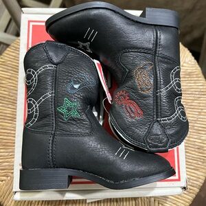 New Vintage Genuine Leather Justin Boots Kids Black Embroidered Boots 1990’s.